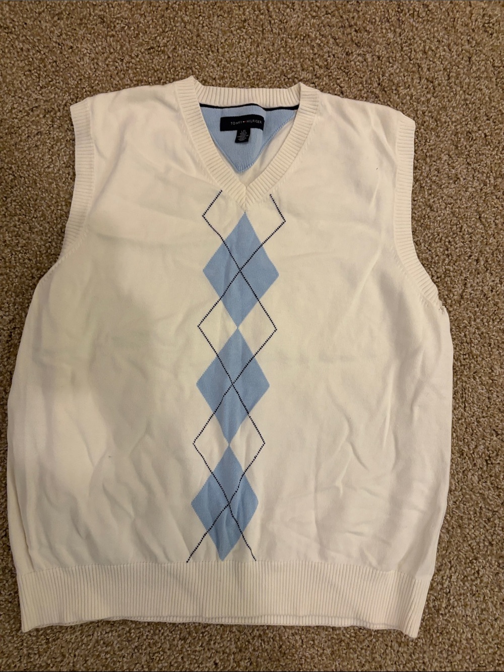 Tommy Hilfiger White & Light Blue Argyle V-Neck Sweater Vest